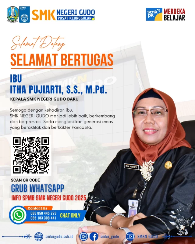 Selamat Datang dan Selamat Bertugas di SMK Negeri Gudo
Semoga dengan kehadiran ibu, 
SMK NEGERI GUDO menjadi jauh lebih baik, berkembang dan berprestasi. Serta menghasilkan generasi emas yang berakhlak dan berkakter Pancasila.