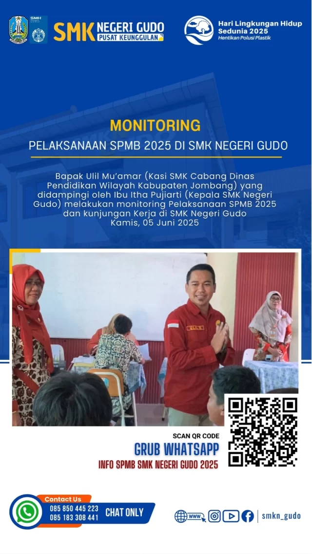 Bapak Ulil Mu’amar (Kasi SMK Cabang Dinas Pendidikan Wilayah Kabupaten Jombang) yang didampingi oleh Ibu Itha Pujiarti (Kepala SMK Negeri Gudo) melakukan monitoring Pelaksanaan SPMB 2025 dan kunjungan Kerja di SMK Negeri Gudo
Kamis, 05 Juni 2025