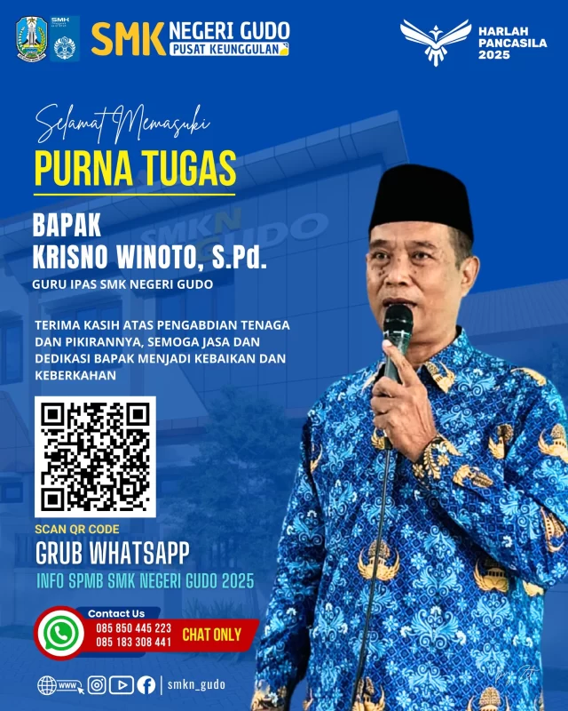 Selamat Purna Tugas Bapak Krisno Winoto, S.Pd. Guru Mapel IPAS SMK Negeri Gudo
Terima kasih atas dedikasinya selama menjalankan tugas. Semoga selalu di berikan kesehatan dan keberkahan.